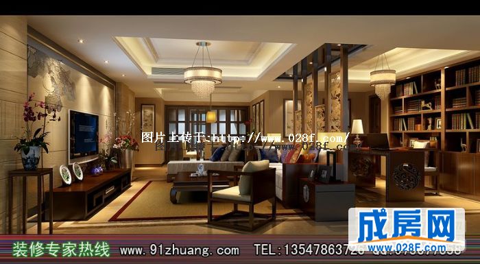 本次设计运用的中式风格。 本案实际上是一种现代风格与中式风格的混合,摒弃了传统中式复杂的雕花和厚重的颜色,整体色调清爽明快,通过局部实木雕花和后期软装突出中式内敛大气的品质。 客厅作为待客区域,求简洁明快,同时与书房联通成为一个大的空间,空间更为大气,石材与雕花砖的运用,提升品质。 卧室布置较为温馨,作为主人的私密空间,主要以功能性和实用舒适为考虑的重点,用温馨柔软的成套布艺来装点,同时在软装和用色上相互协调。 由于该案例业主有一些珍贵的原木,在设计中,将这些原木尽量利用做书架,隔断,衣柜用,纯手工打造的